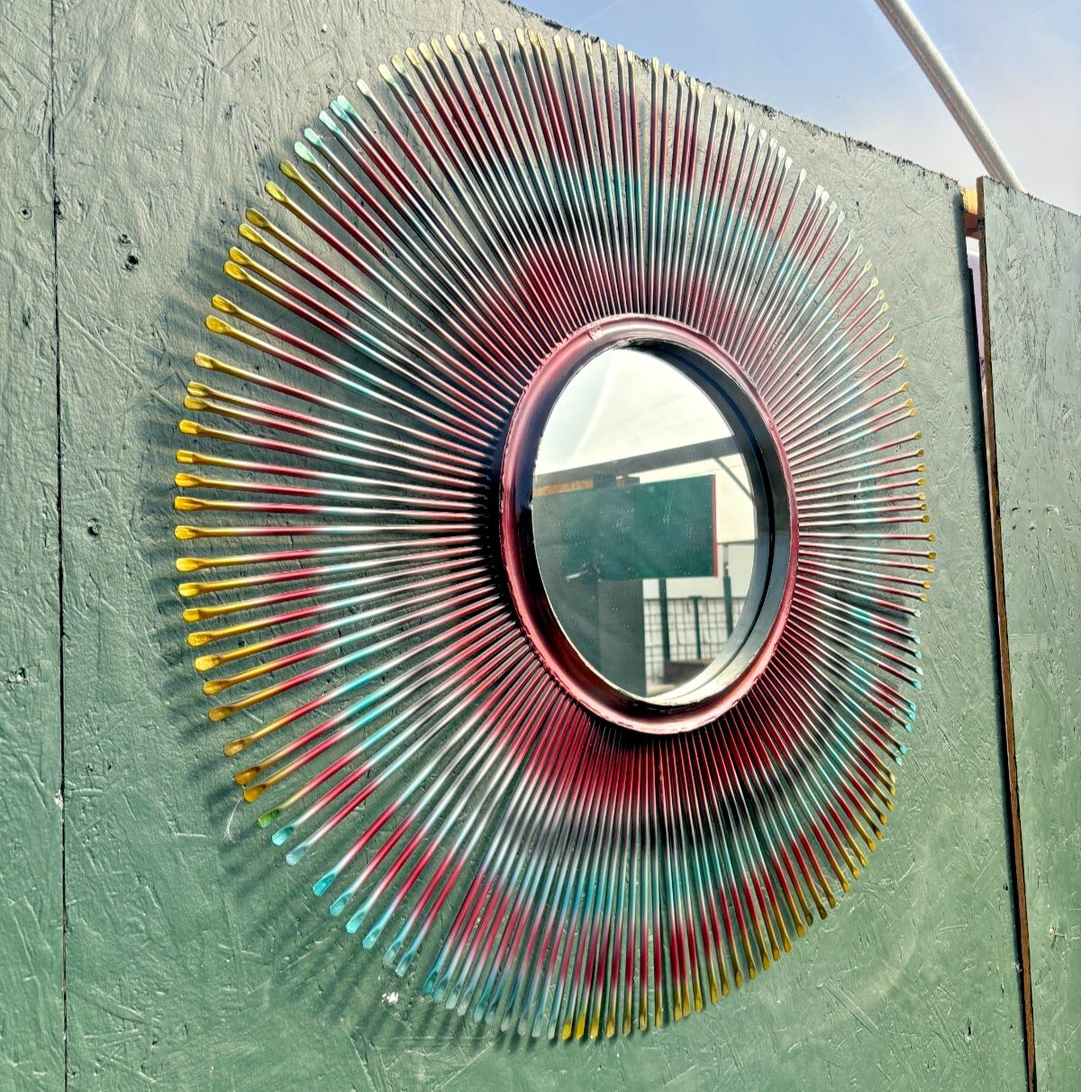 Large Mid Century Possible French Sunburst Steel Multicoloured Mirror photo furniture