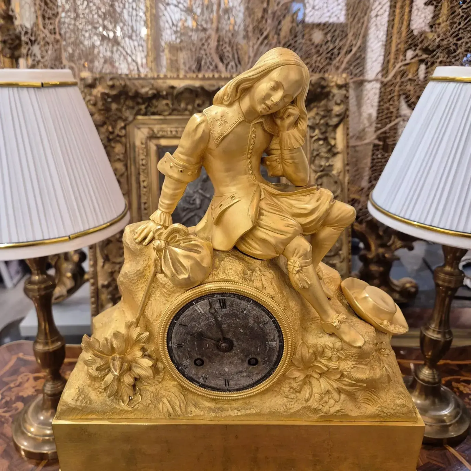 1714.0 19th Century Charles X Clock With A Statue Of A Romantic Young Nobleman. photo