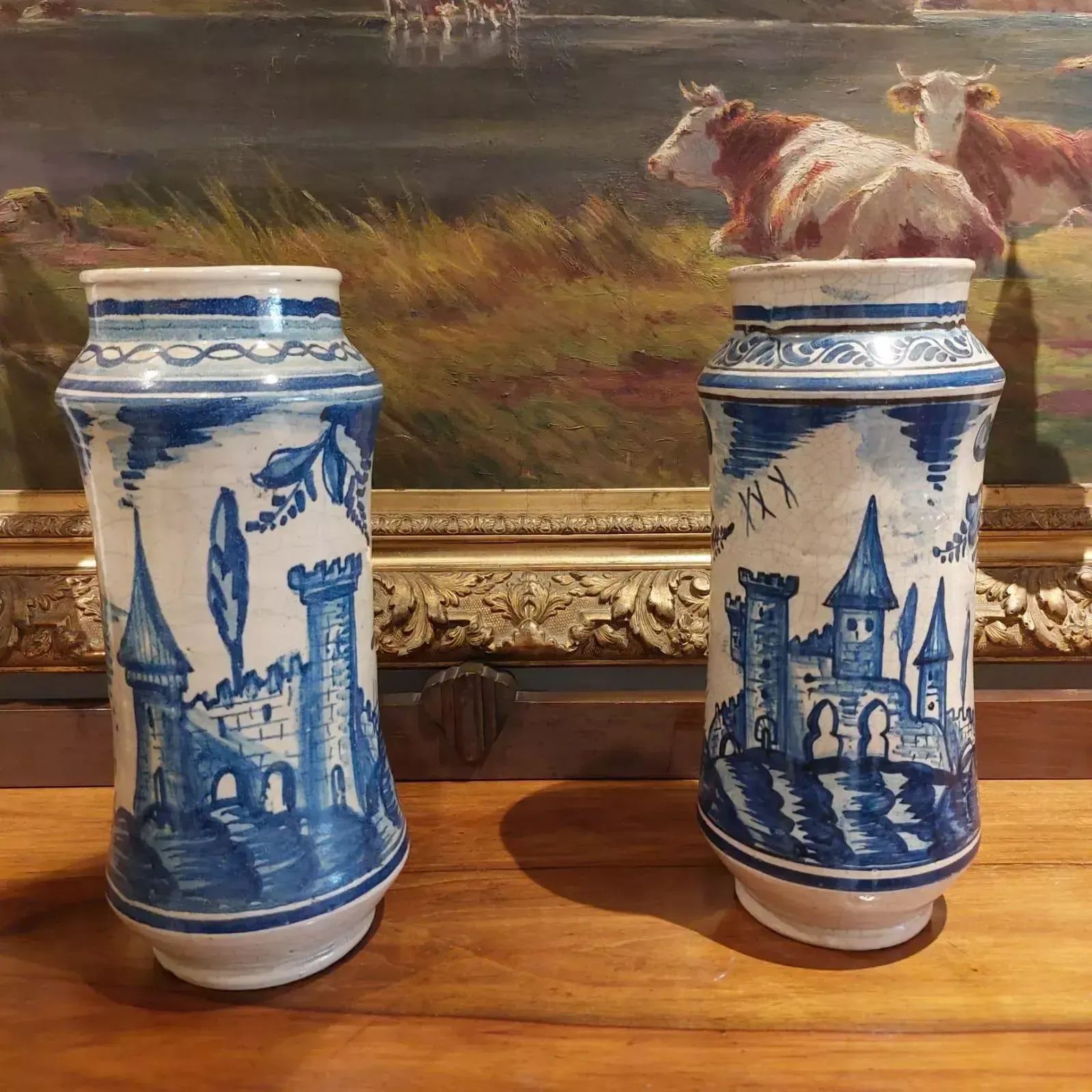 Pair Of 18th Century Albarello Drug Jars In Maiolica photo vinterior