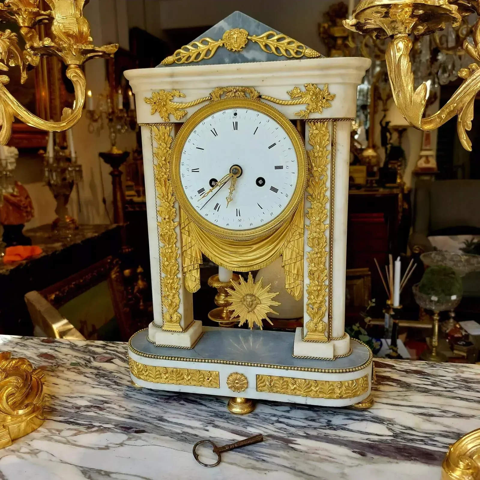Empire Period Portico Clock In White Marble And Gilt Bronze, 19th Century photo furniture