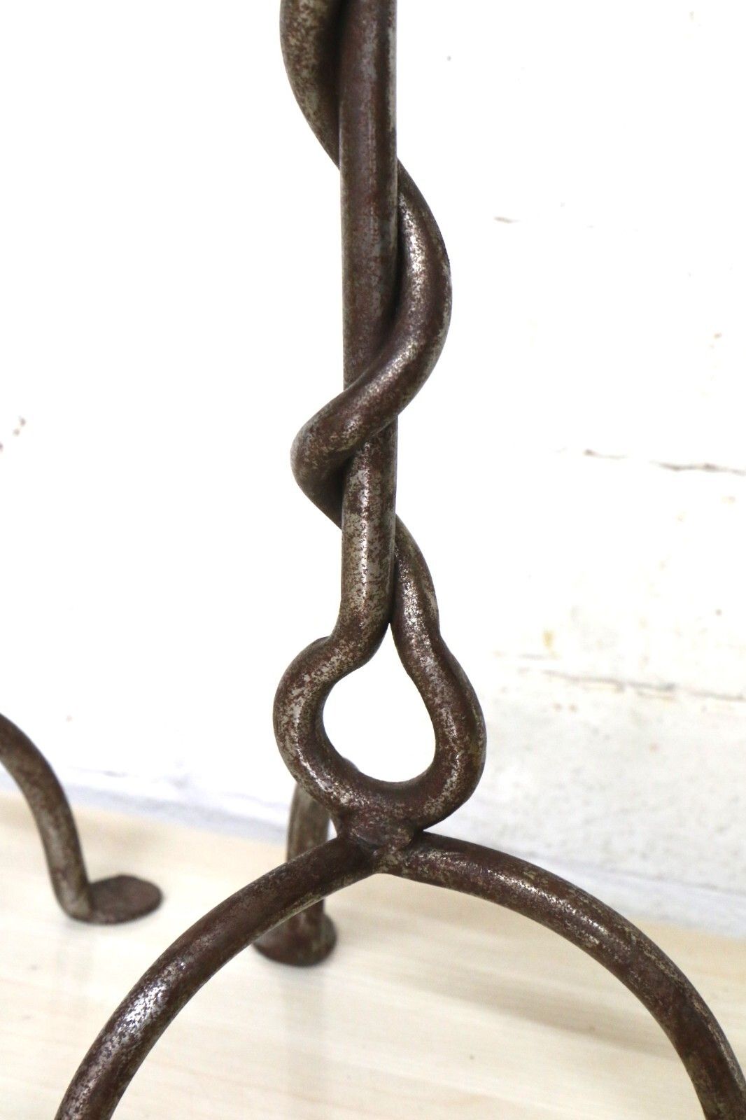 95.0 Pair Of Vintage Candlesticks Wrought Iron Picket Tripod Base Twisted & Silvered photo