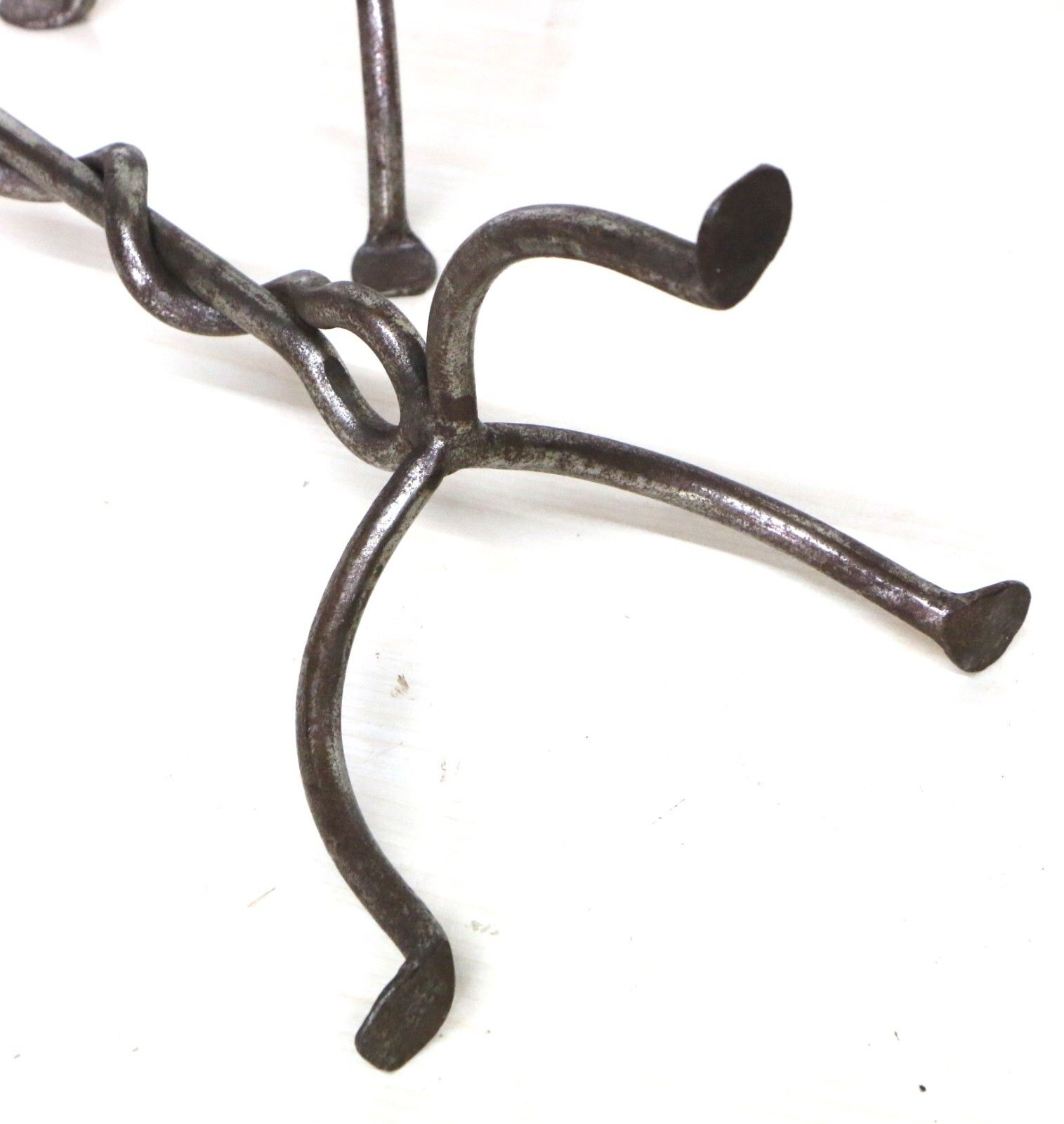 photo buy Pair Of Vintage Candlesticks Wrought Iron Picket Tripod Base Twisted & Silvered
