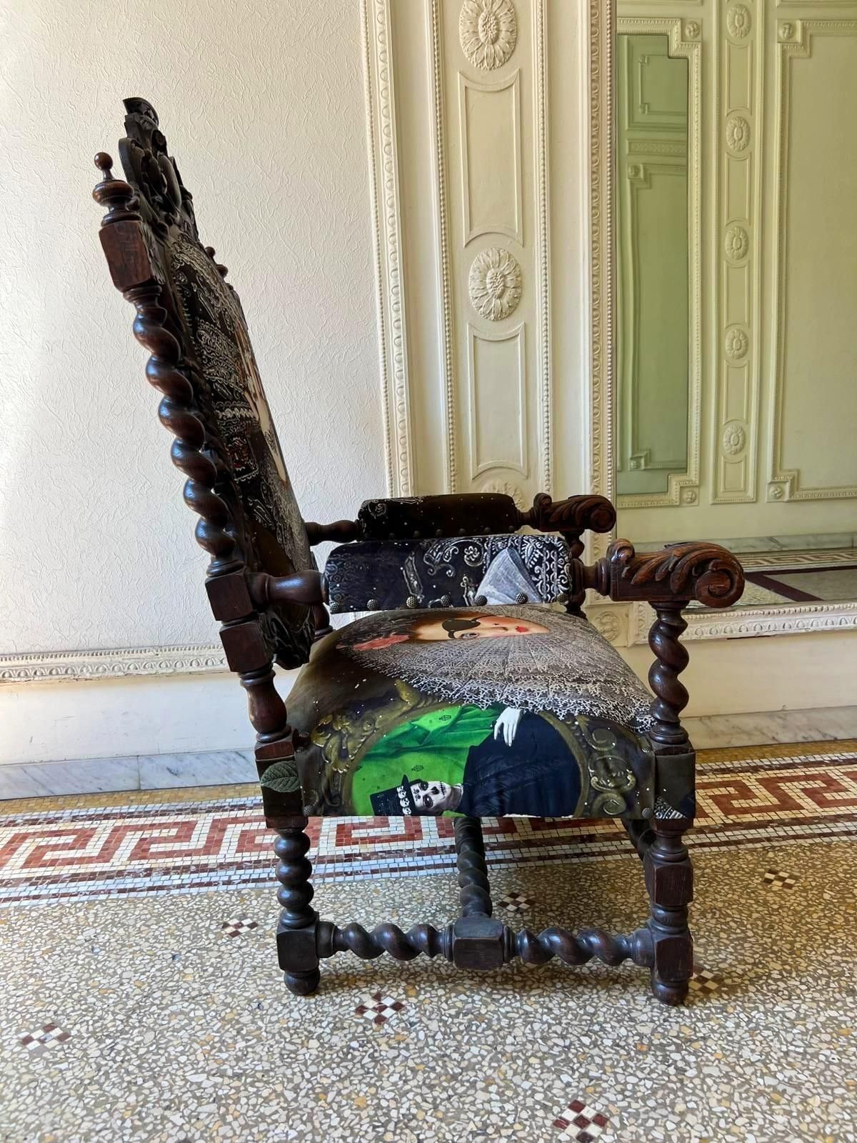 photo for sale Unique And Large Carved Oak Armchair In Modern Fabric In The Style Of Louis XIII