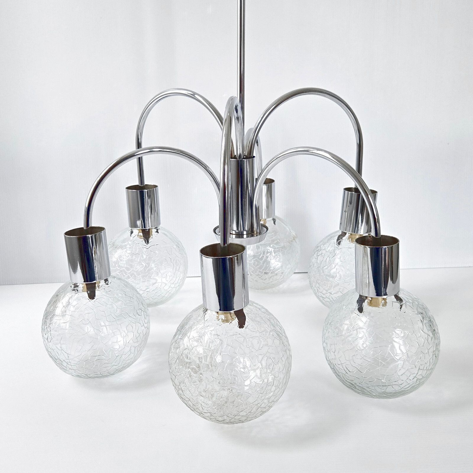Vintage 1970s 6 Balls Glass Rib & Chrome Steel Ceiling Chandelier 70s Retro photo furniture