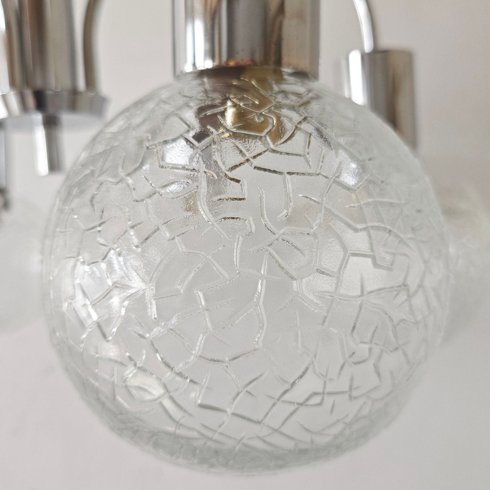 Vintage 1970s 6 Balls Glass Rib & Chrome Steel Ceiling Chandelier 70s Retro photo for sale