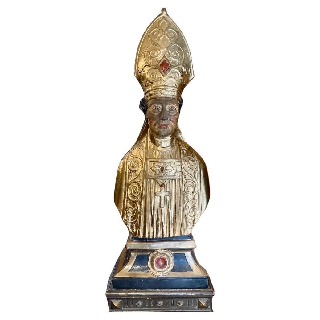 Late 17th Century Reliquary Bust Of A Bishop In Gilded Wood