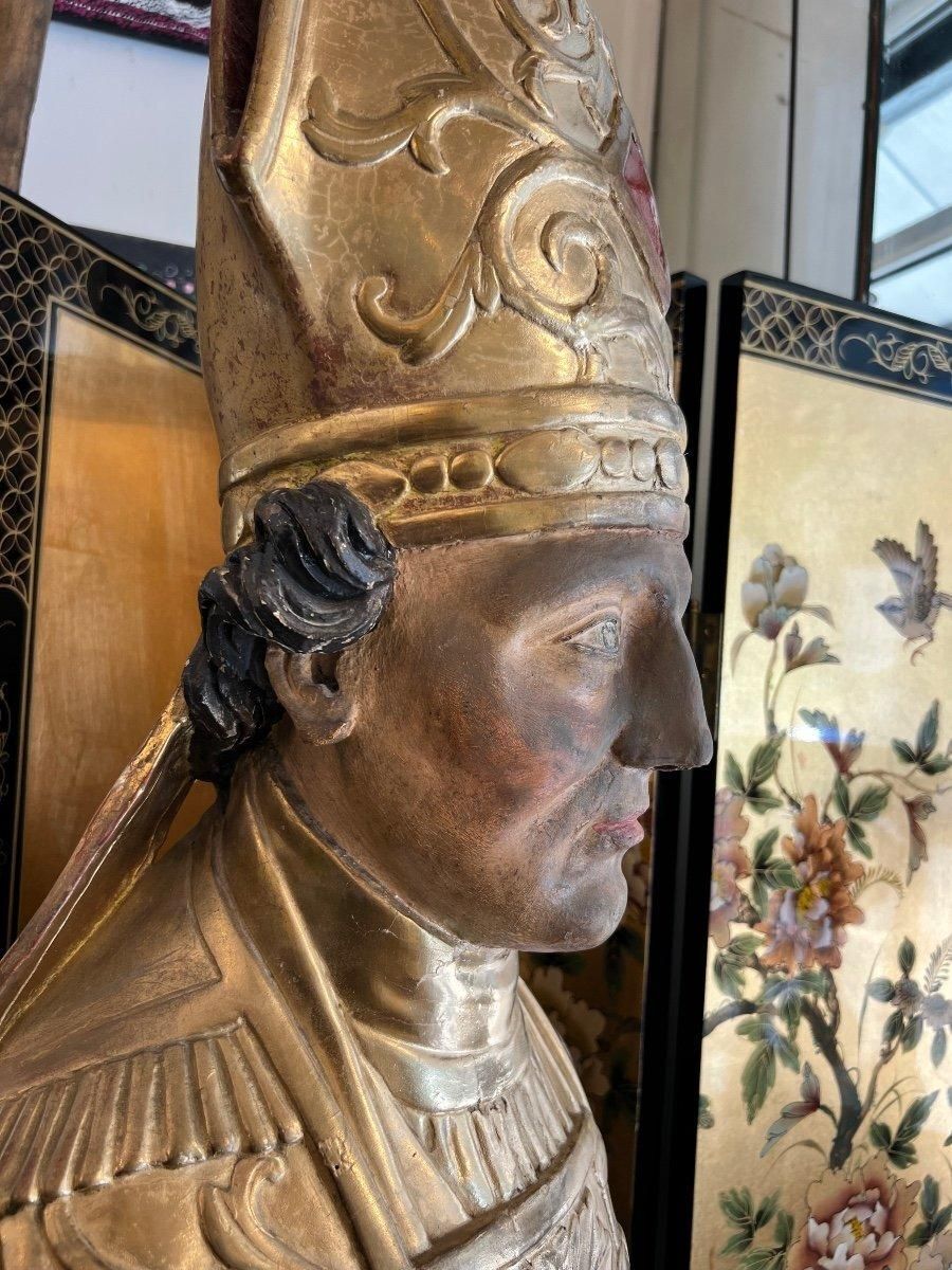Art Late 17th Century Reliquary Bust Of A Bishop In Gilded Wood photo