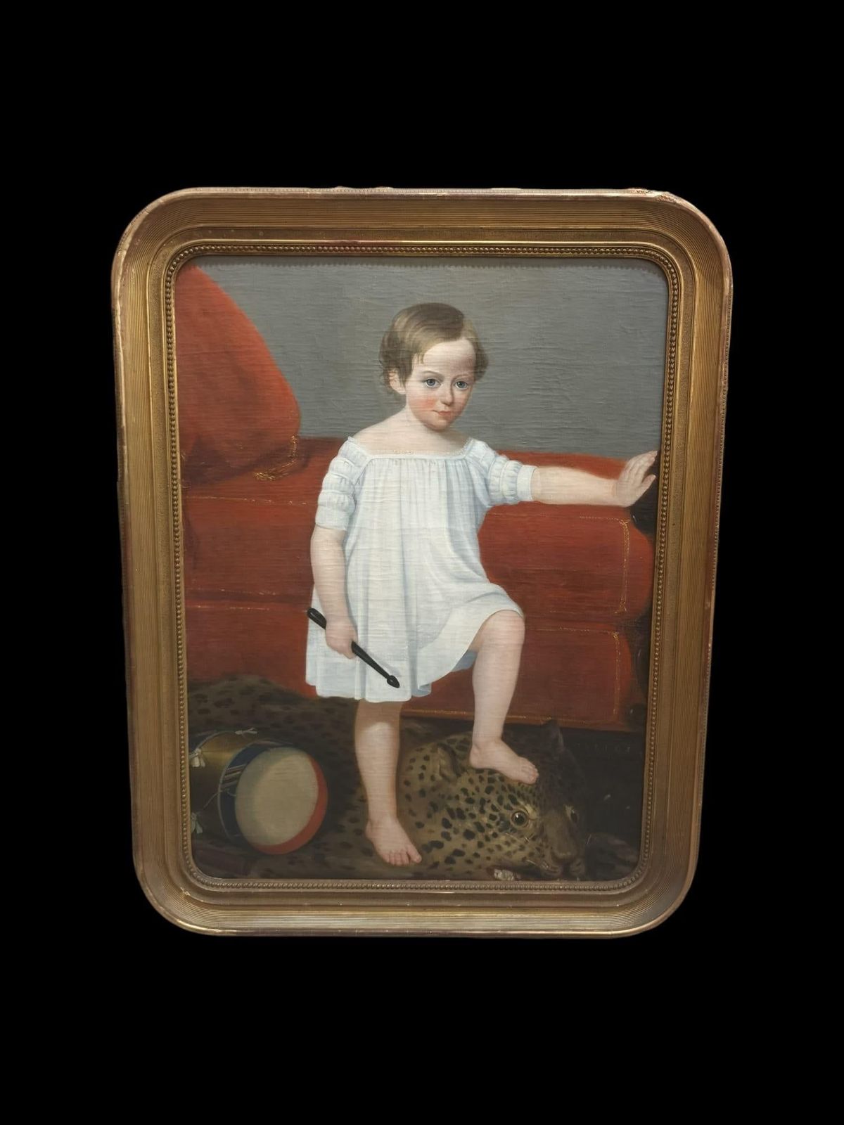 18th Century Oil Painting Of Child With Tambourine Walking On A Panthera photo buy