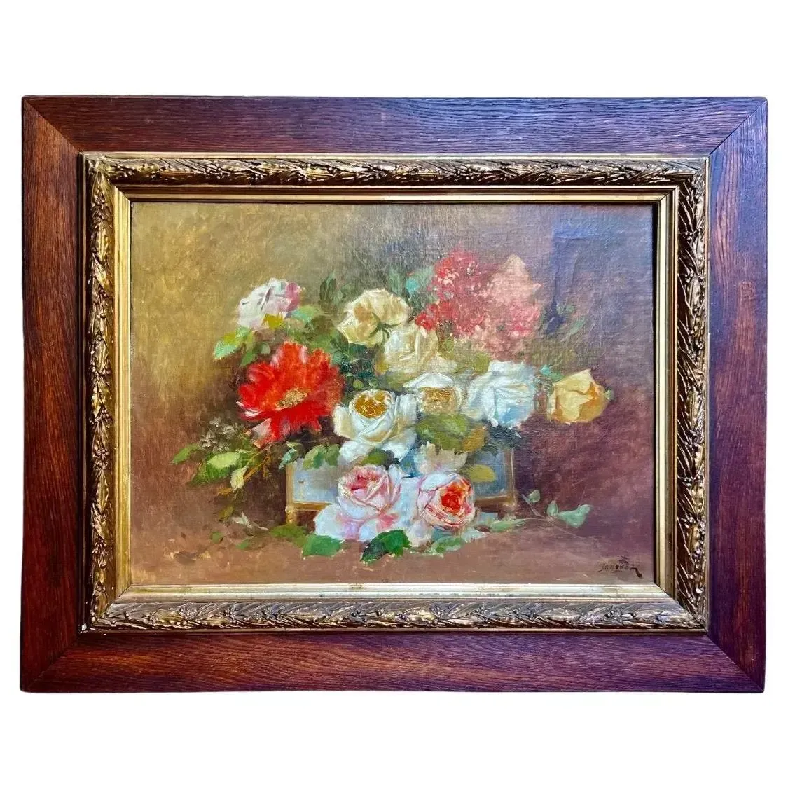 19th Century Large Still Life Oil On Canvas Painting Rose Bouquet