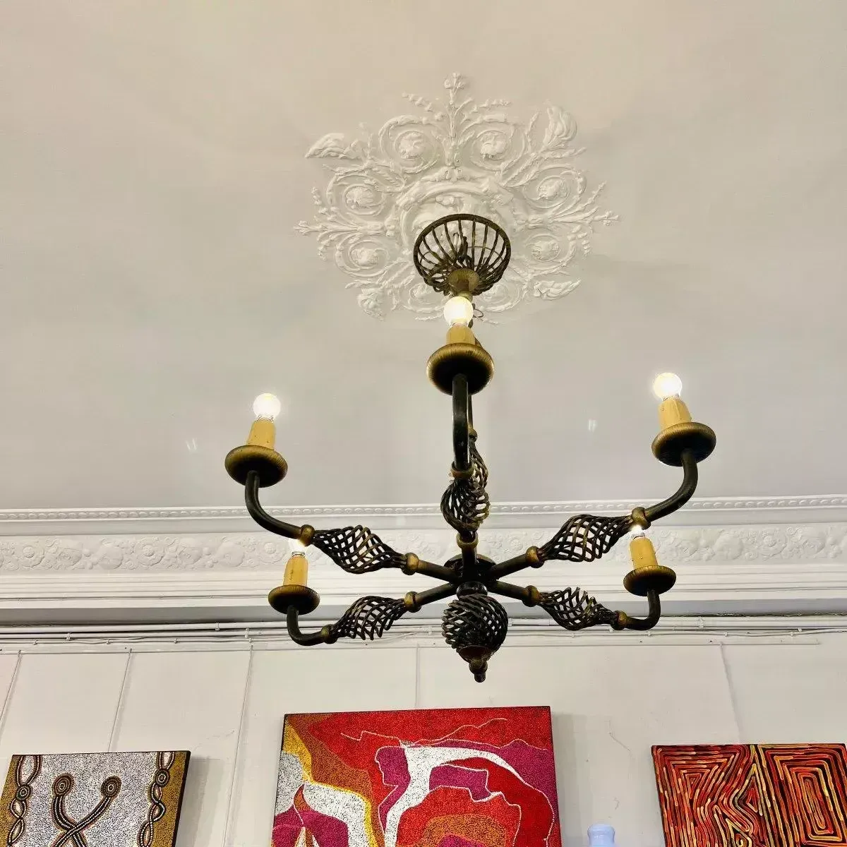 Art Deco Wrought Iron Chandelier With Six Arms, 1940 photo Lighting