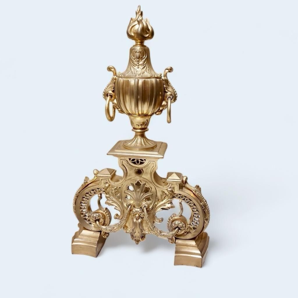 19th Century Andirons In Gilt Bronze, Signed By Ferdinand Barbedienne photo furniture
