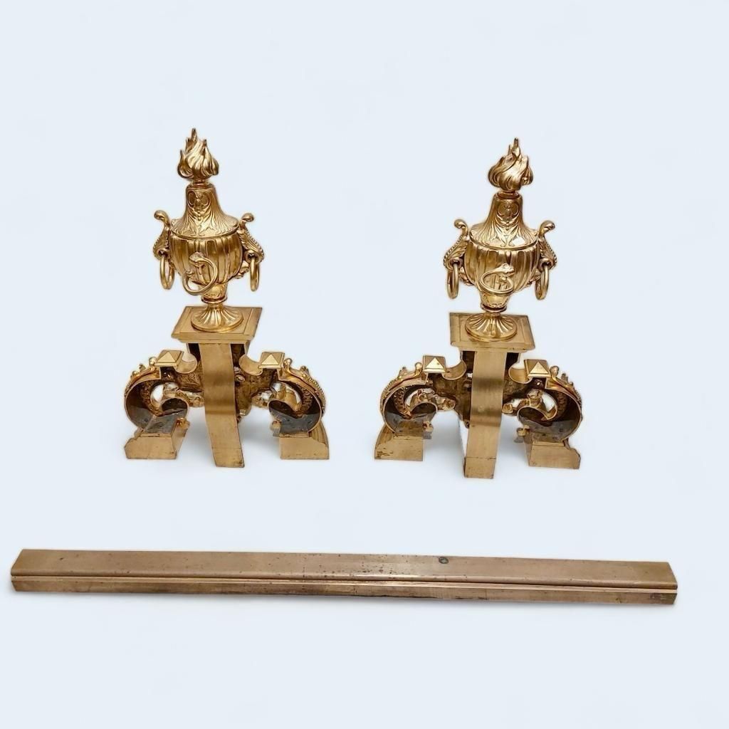 19th Century Andirons In Gilt Bronze, Signed By Ferdinand Barbedienne photo for sale