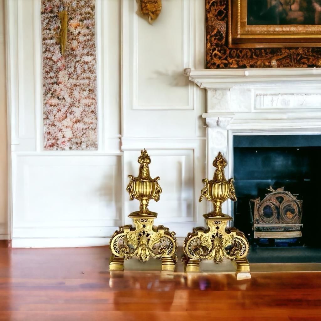 19th Century Andirons In Gilt Bronze, Signed By Ferdinand Barbedienne photo Home Decor