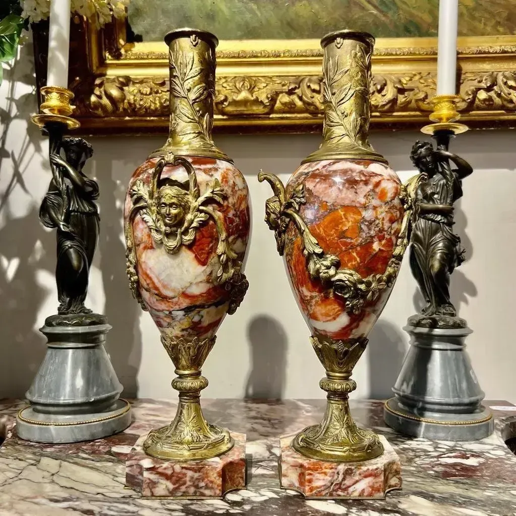 19th Century Pair Of Large Cassolettes With Mascarons In Violet Breccia Marble photo furniture