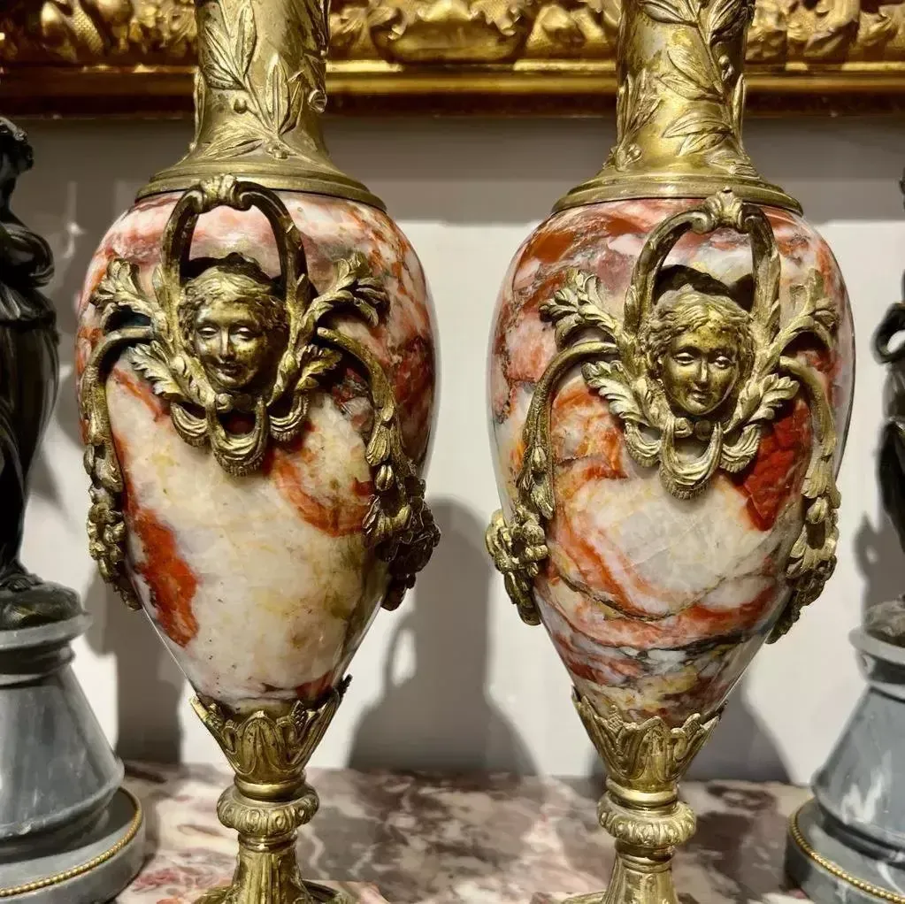 photo for sale 19th Century Pair Of Large Cassolettes With Mascarons In Violet Breccia Marble