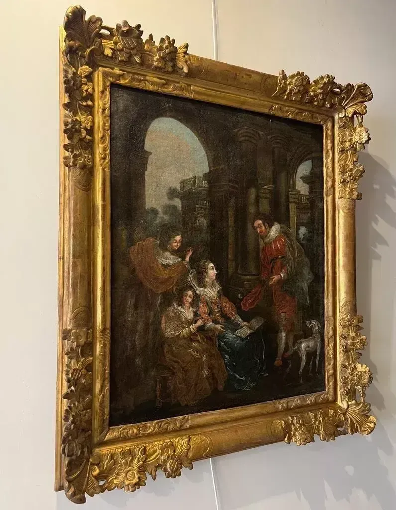 Mid 18th Century Oil Painting Depicting A Scene With Courtesans On Canvas