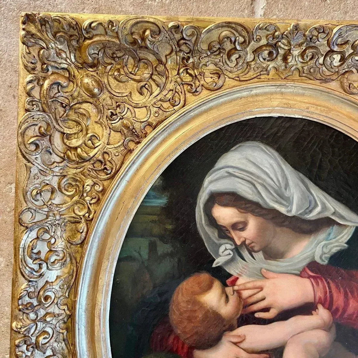 Virgin And Child, Oil Painting In Carved Gilded Frame, 19th Century photo Art