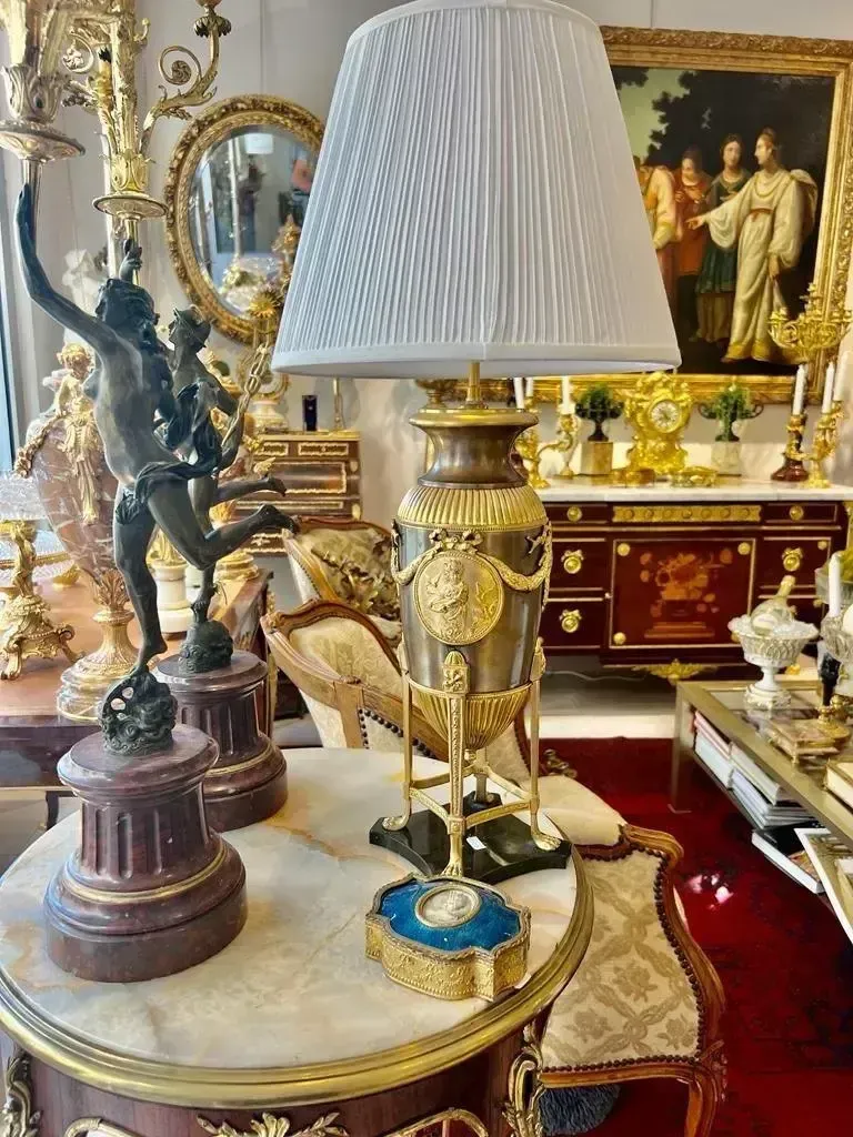 19th Century Empire Style Lamp In Gilt Bronze And Brown Patina With Marble Base photo for sale