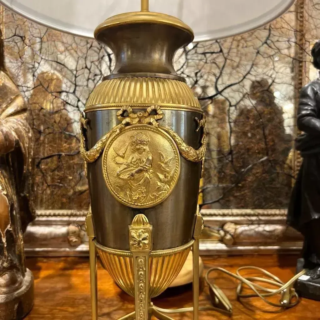 19th Century Empire Style Lamp In Gilt Bronze And Brown Patina With Marble Base photo Lighting