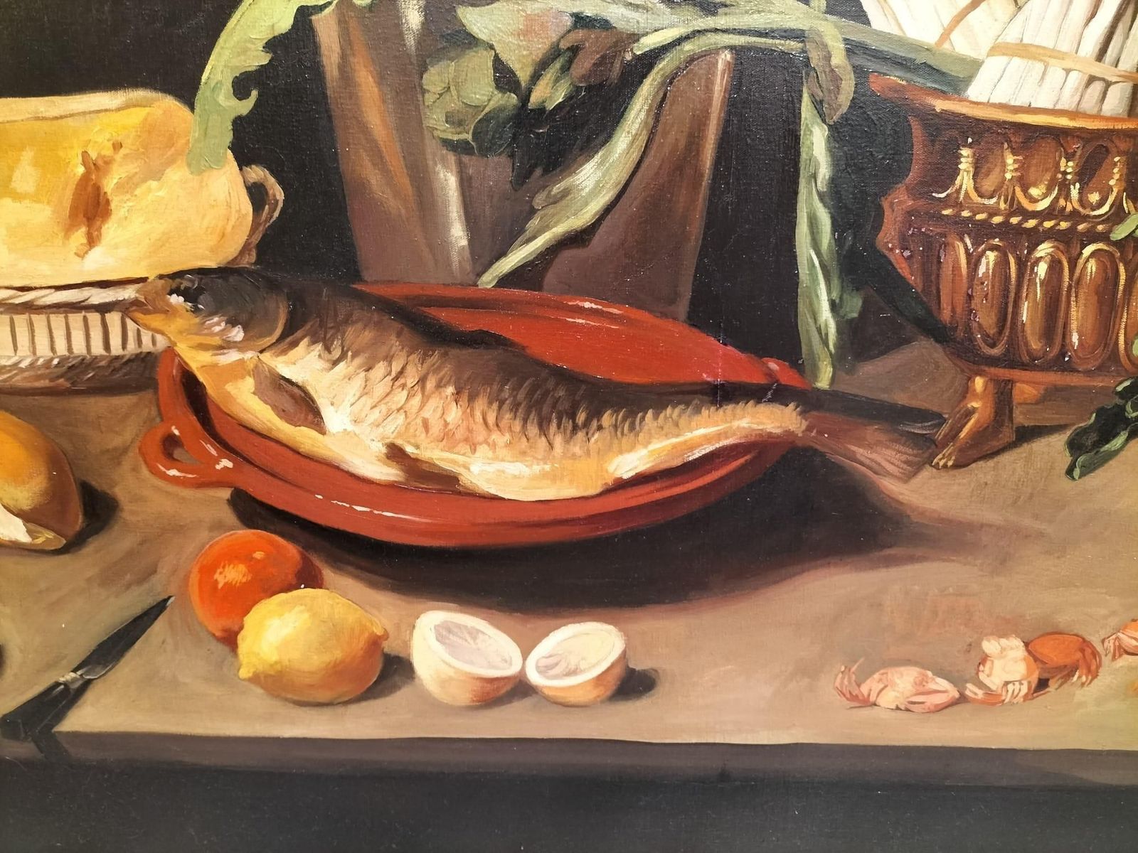 Large Still Life With Fish Oil On Canvas In Gilded Frame, 152cm X 112cm photo buy