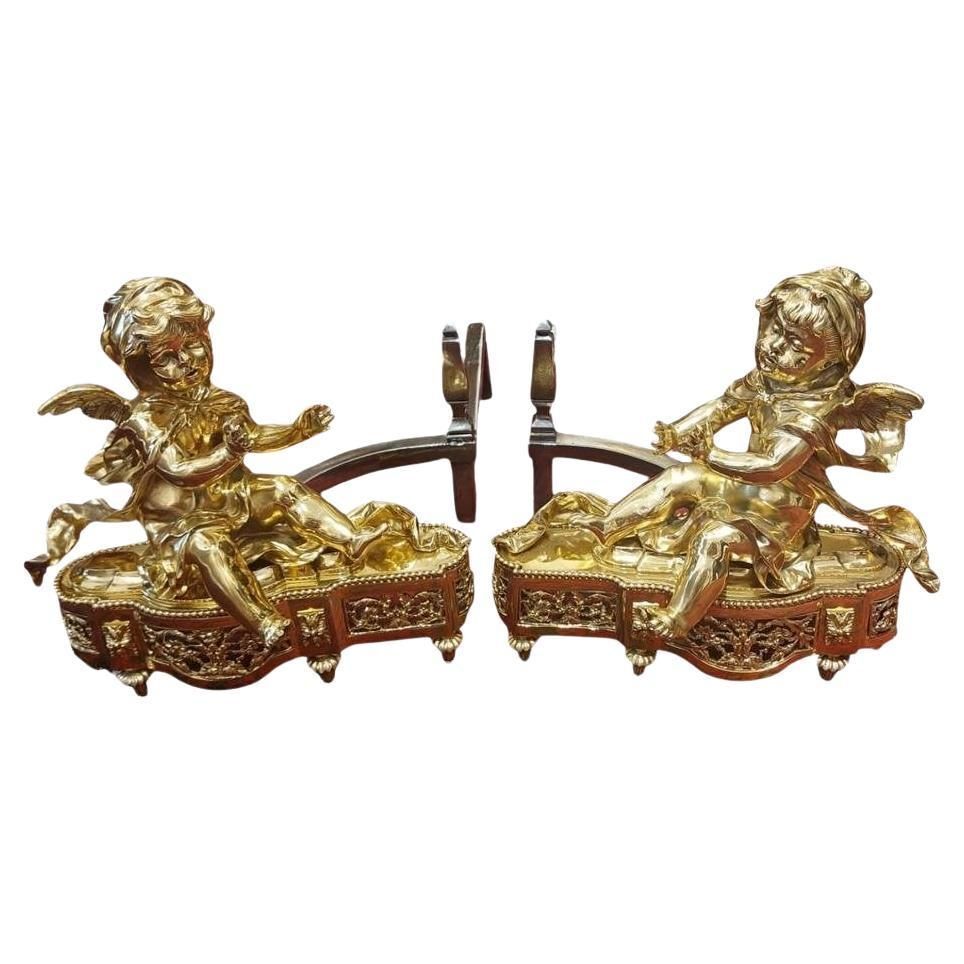 19th Century Pair Of Putti Andirons In Gilt Bronze