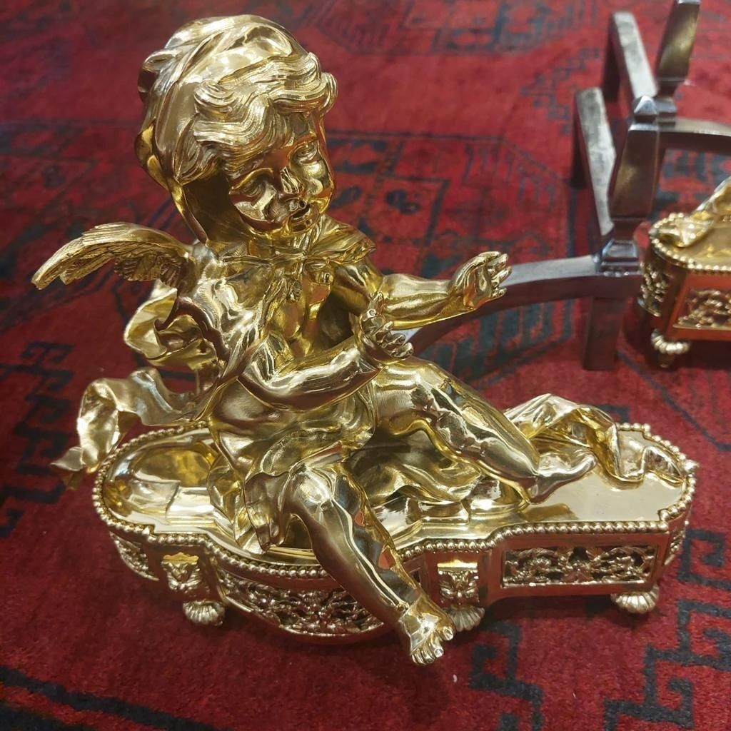 19th Century Pair Of Putti Andirons In Gilt Bronze photo Home Decor