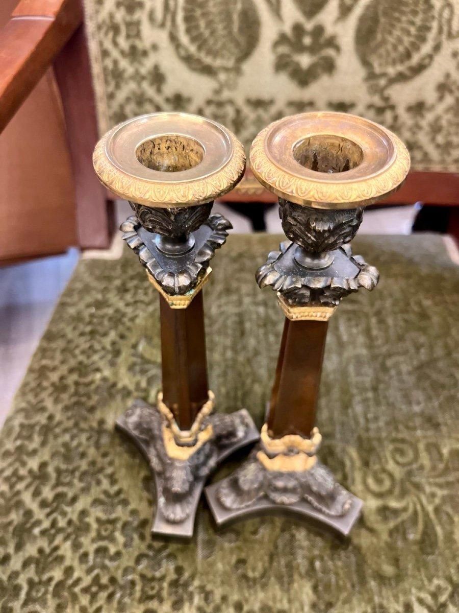 19th Century Pair Of Double Patina Bronze Candlesticks photo for sale