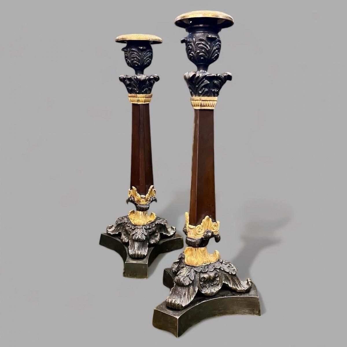 19th Century Pair Of Double Patina Bronze Candlesticks photo Home Decor