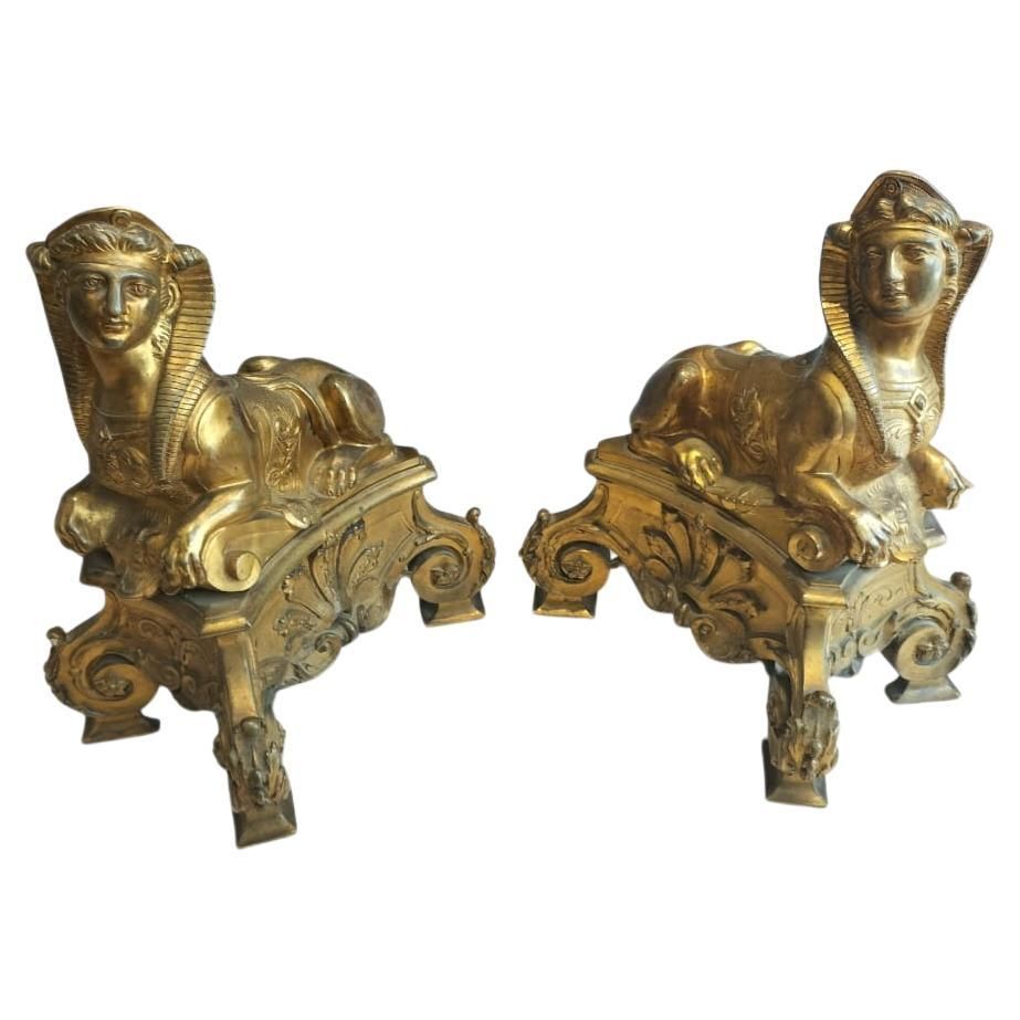 Pair Of 19th Century Gilt Bronze Fire Dogs In The Ancient Egyptian Style