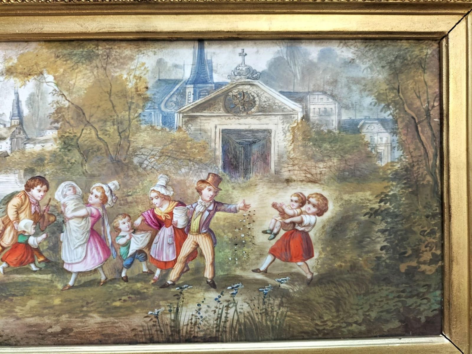 19th Century Porcelain Painting In Large Gilded Frame photo for sale