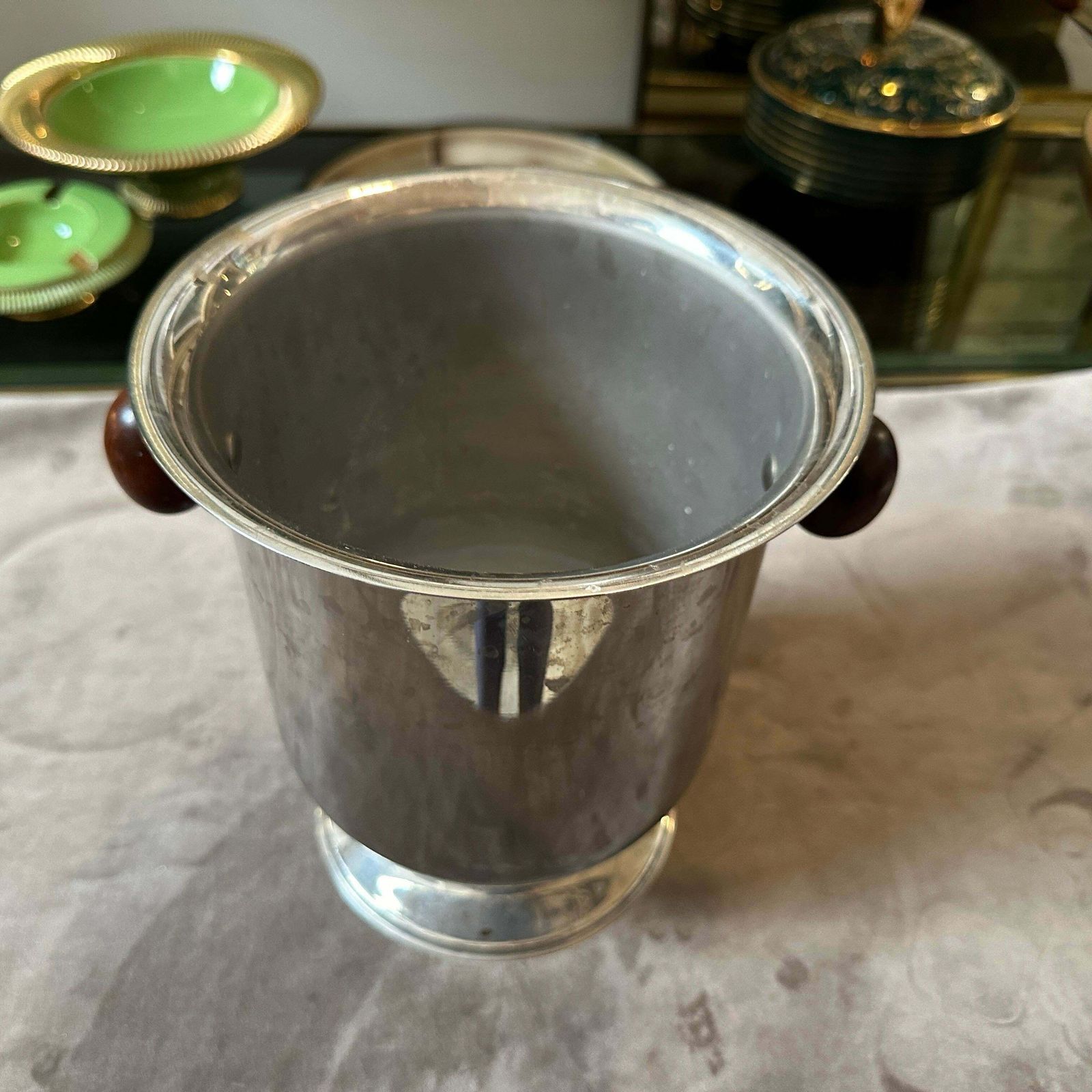 1970s Modern Silver Plated Metal Body And Wood Handles Italian Wine Cooler photo for sale