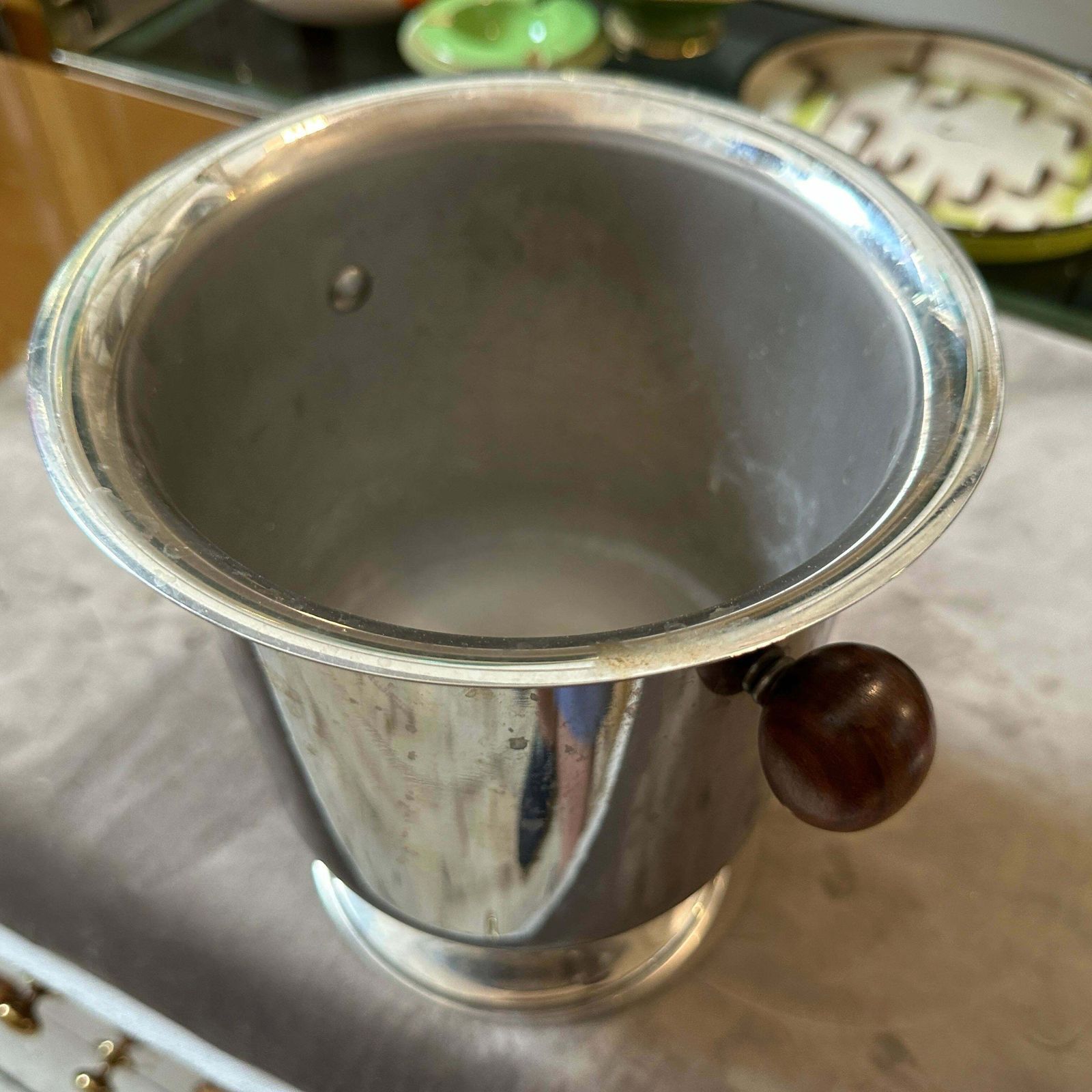 photo for sale 1970s Modern Silver Plated Metal Body And Wood Handles Italian Wine Cooler
