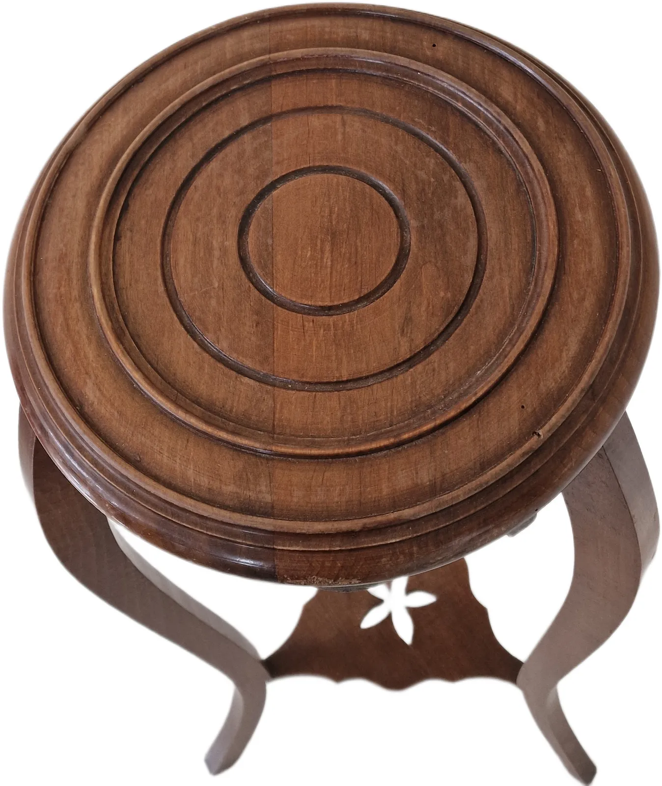 Antique French Compact Curved Leg Round Top Wooden Plant Stand With Decorative Carving Detail photo vinterior