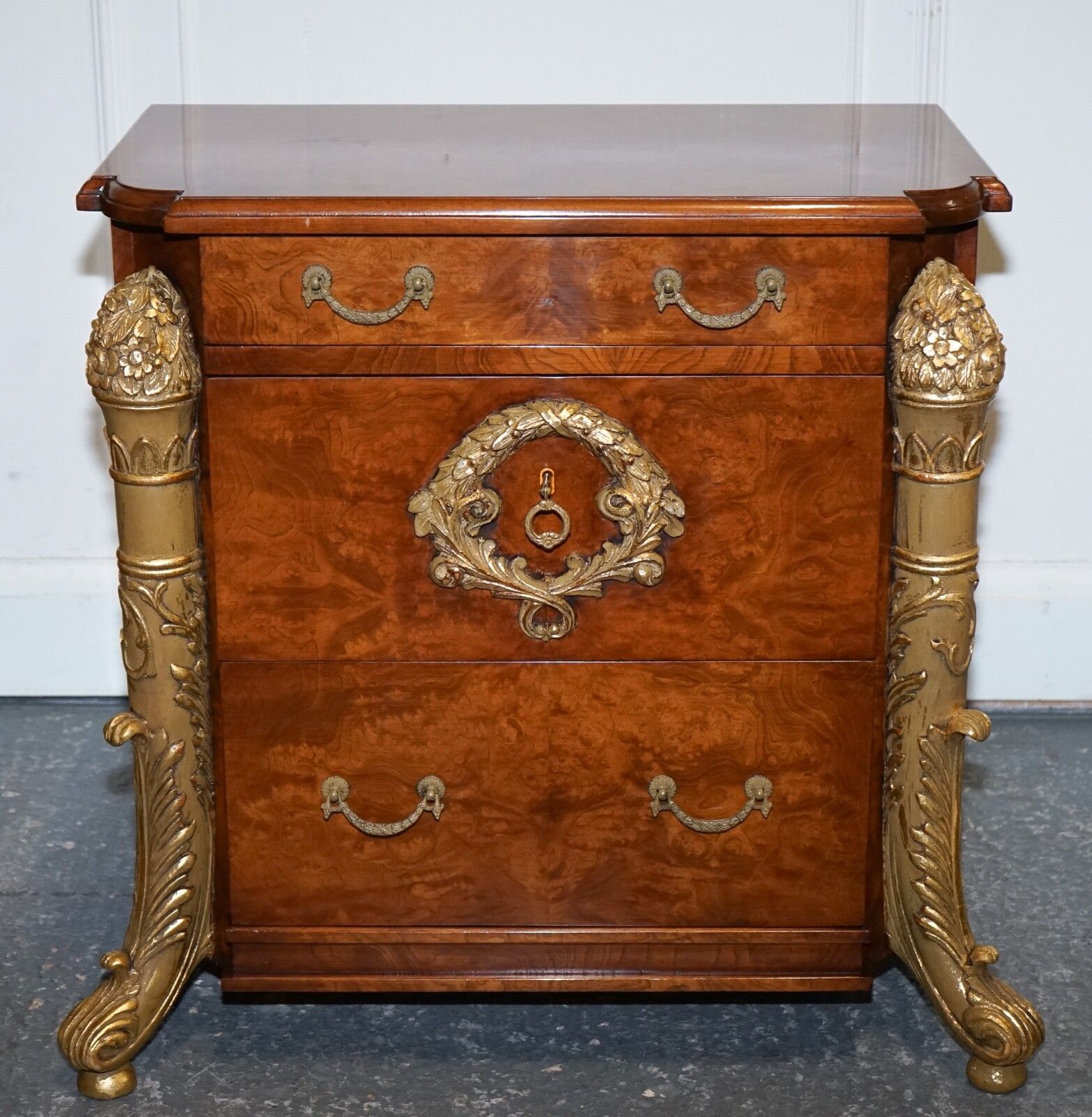 Stunning Pair French Empire Style Gold Detailed Burr Walnut Bedsides Nightstands photo vinterior