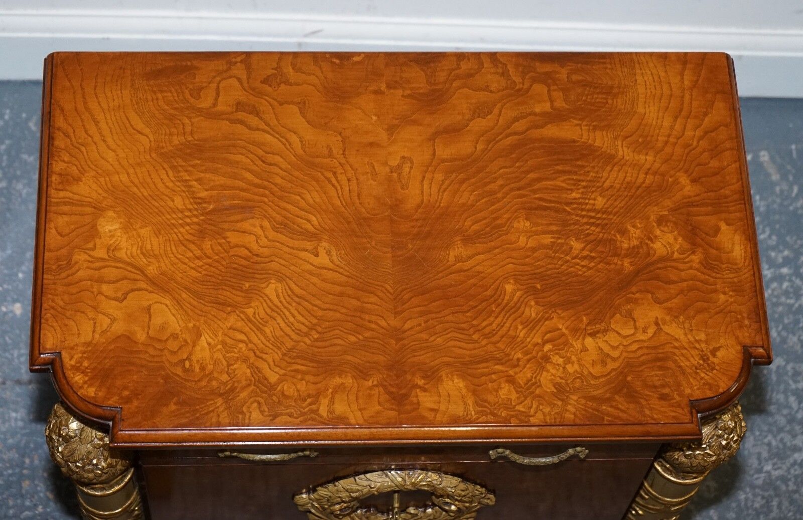 Stunning Pair French Empire Style Gold Detailed Burr Walnut Bedsides Nightstands photo vintage
