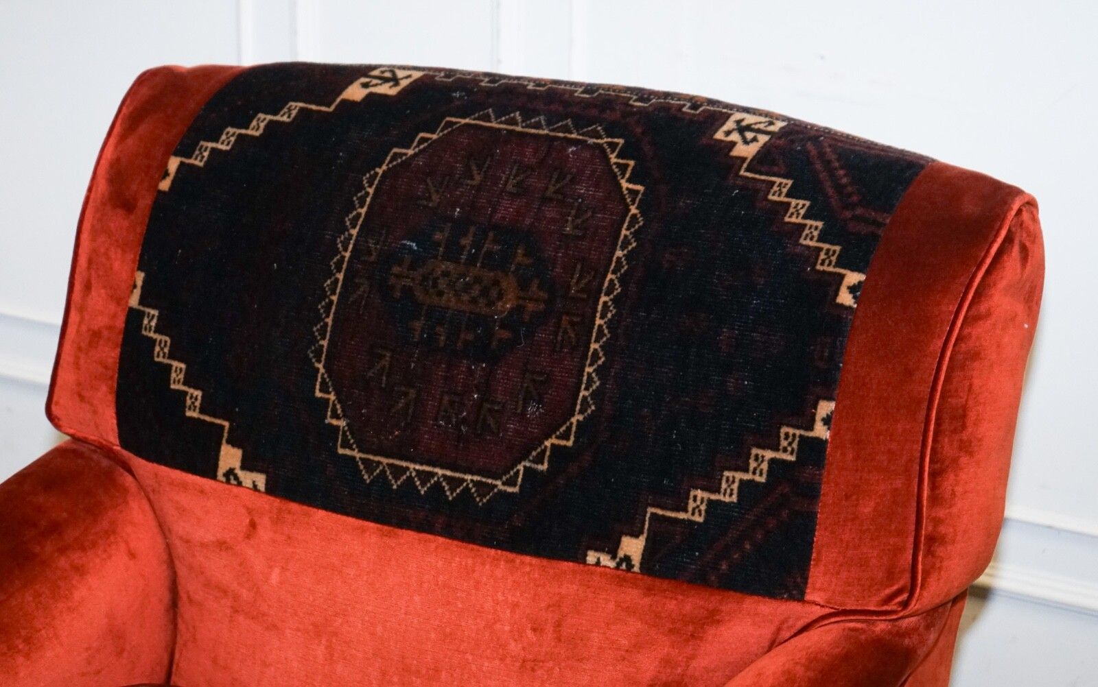 Vintage Red Velvet & Aztec Kilim Upholstered Howard George Smith Style Armchair photo 2850.0