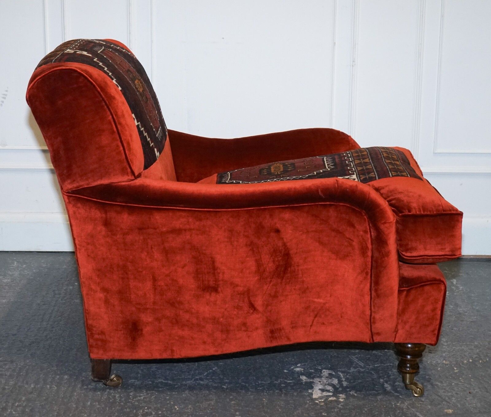 2850.0 Vintage Red Velvet & Aztec Kilim Upholstered Howard George Smith Style Armchair photo