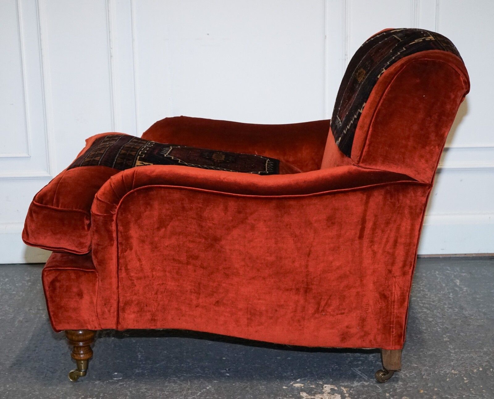 photo vinterior Vintage Red Velvet & Aztec Kilim Upholstered Howard George Smith Style Armchair