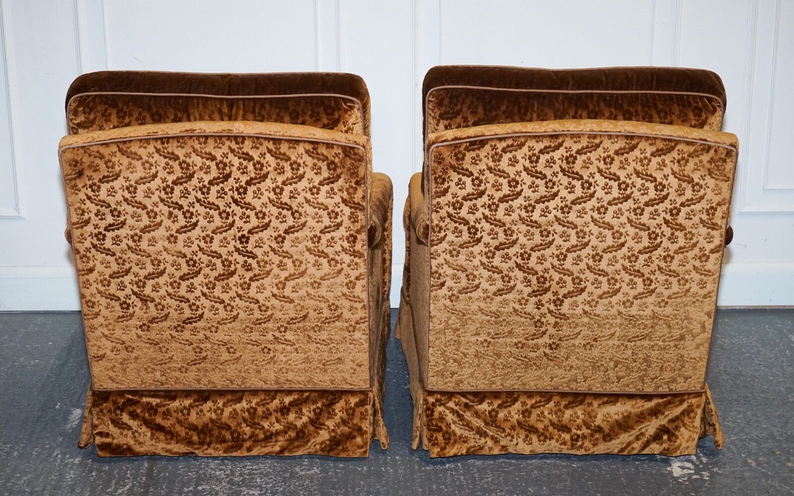 Vintage Pair Custom Made Brown Gold Velvet Connaught Armchairs By Dudgeon London photo 4250.0