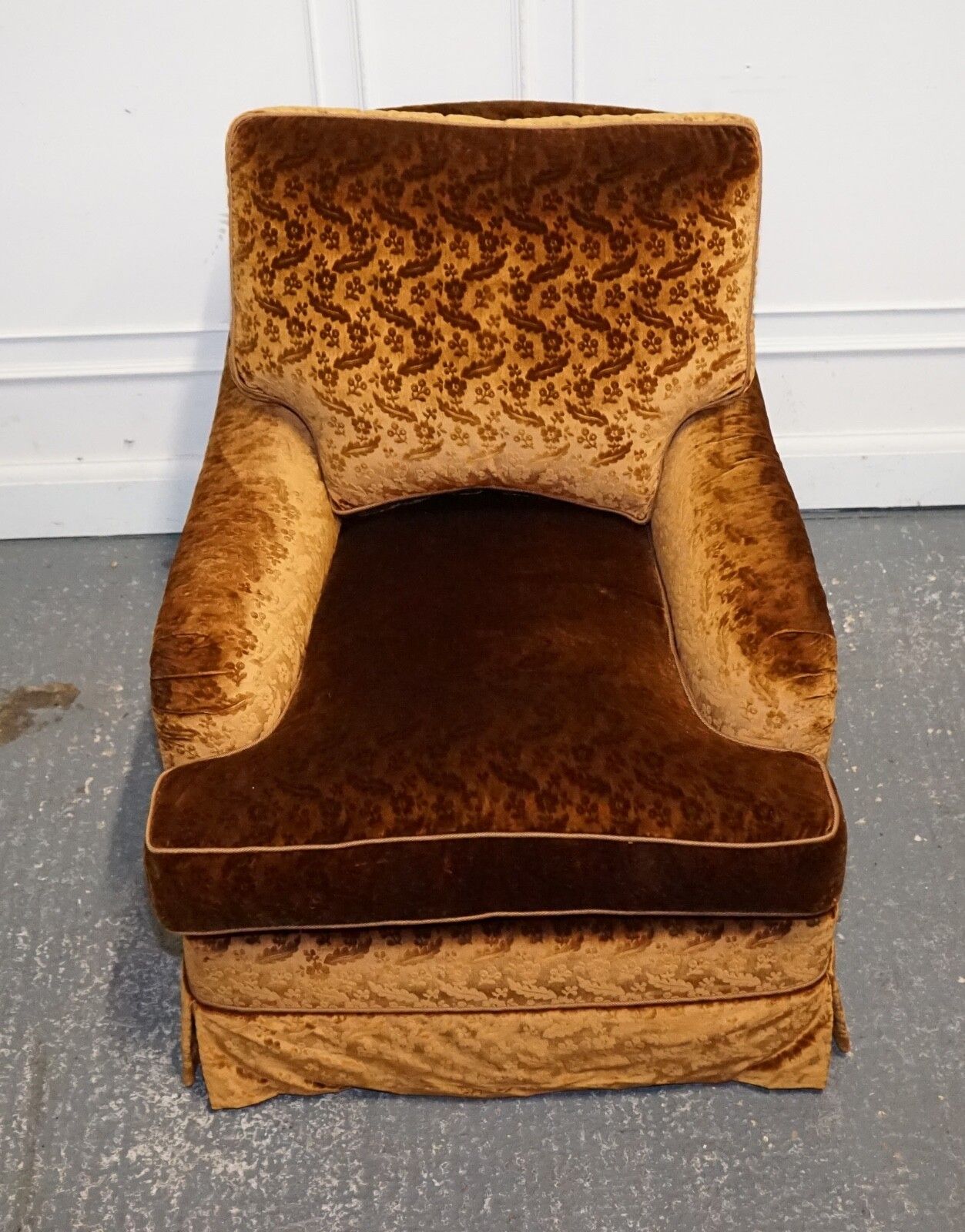 photo furniture Vintage Pair Custom Made Brown Gold Velvet Connaught Armchairs By Dudgeon London