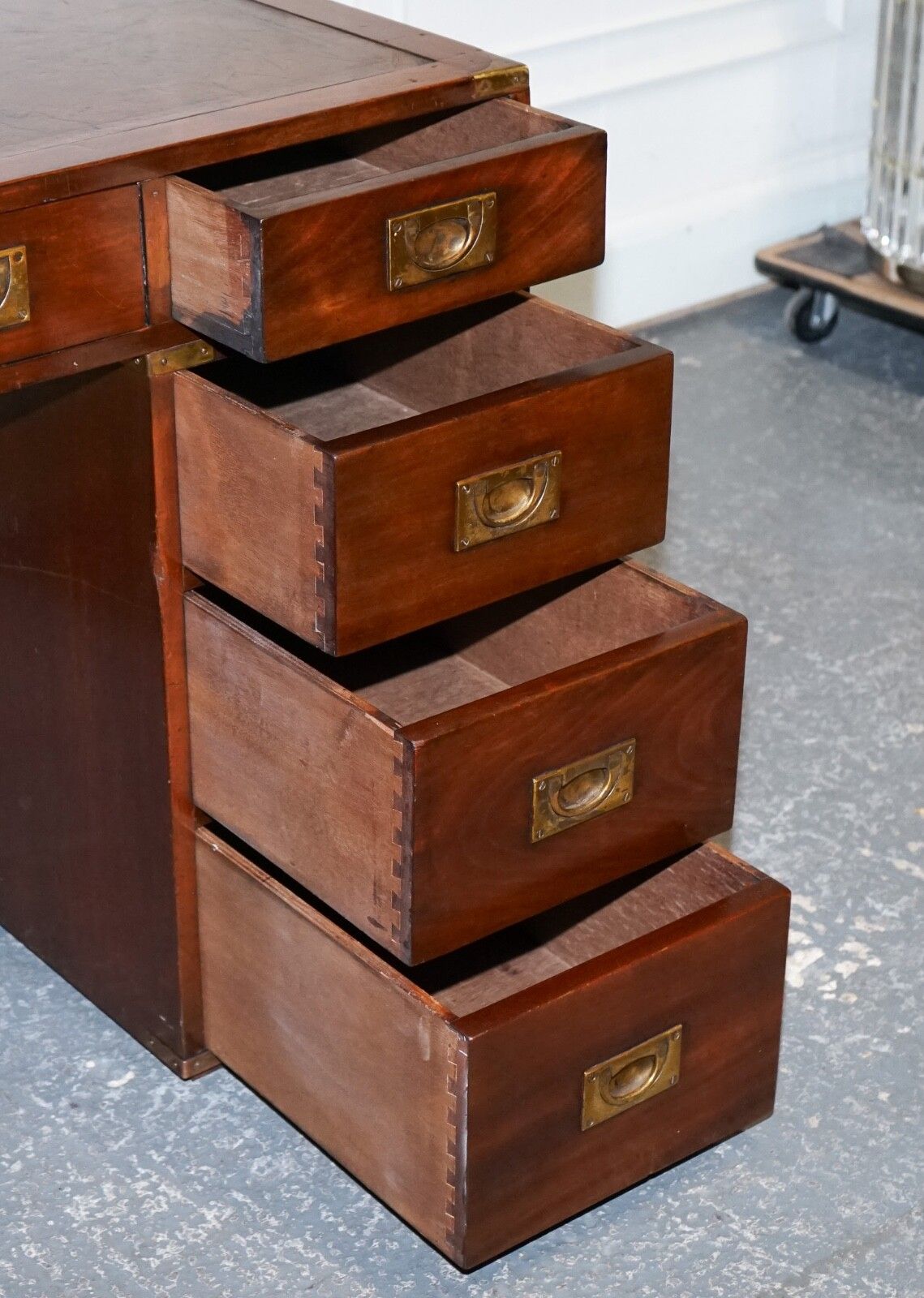 Fully Restored Bevan Funnell Military Campaign Twin Pedestal Desk Brown Leather photo vinterior