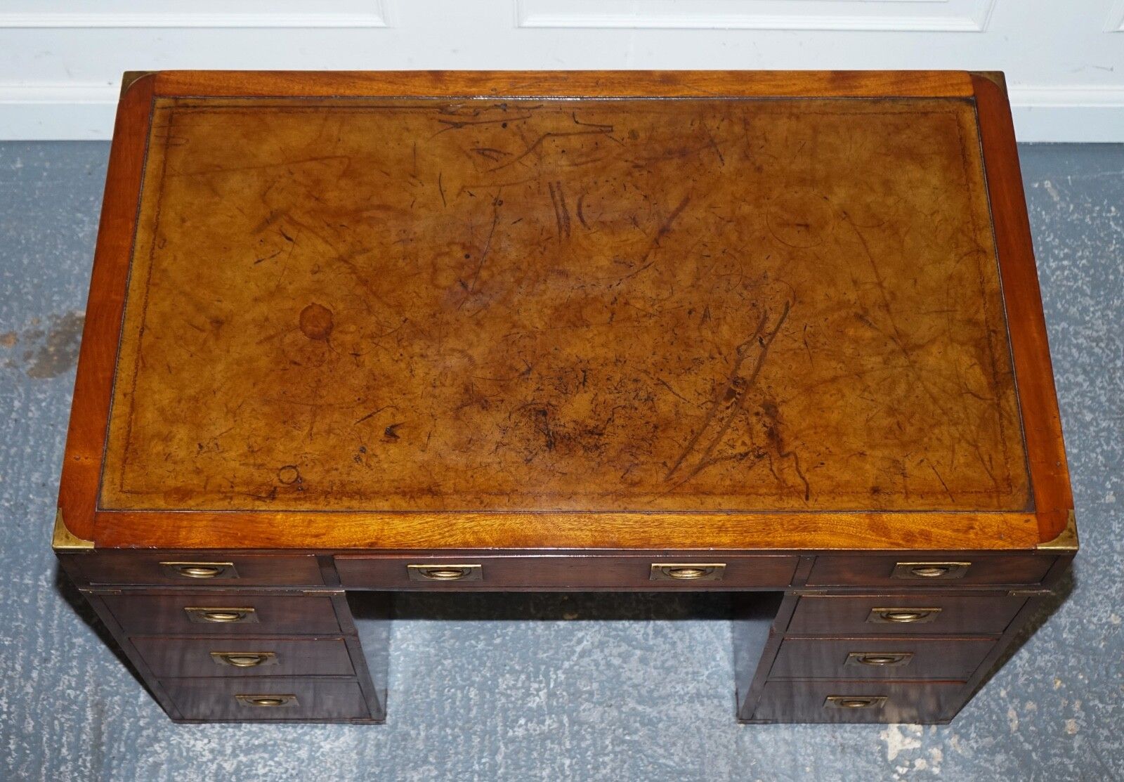 Fully Restored Bevan Funnell Military Campaign Twin Pedestal Desk Brown Leather photo vintage