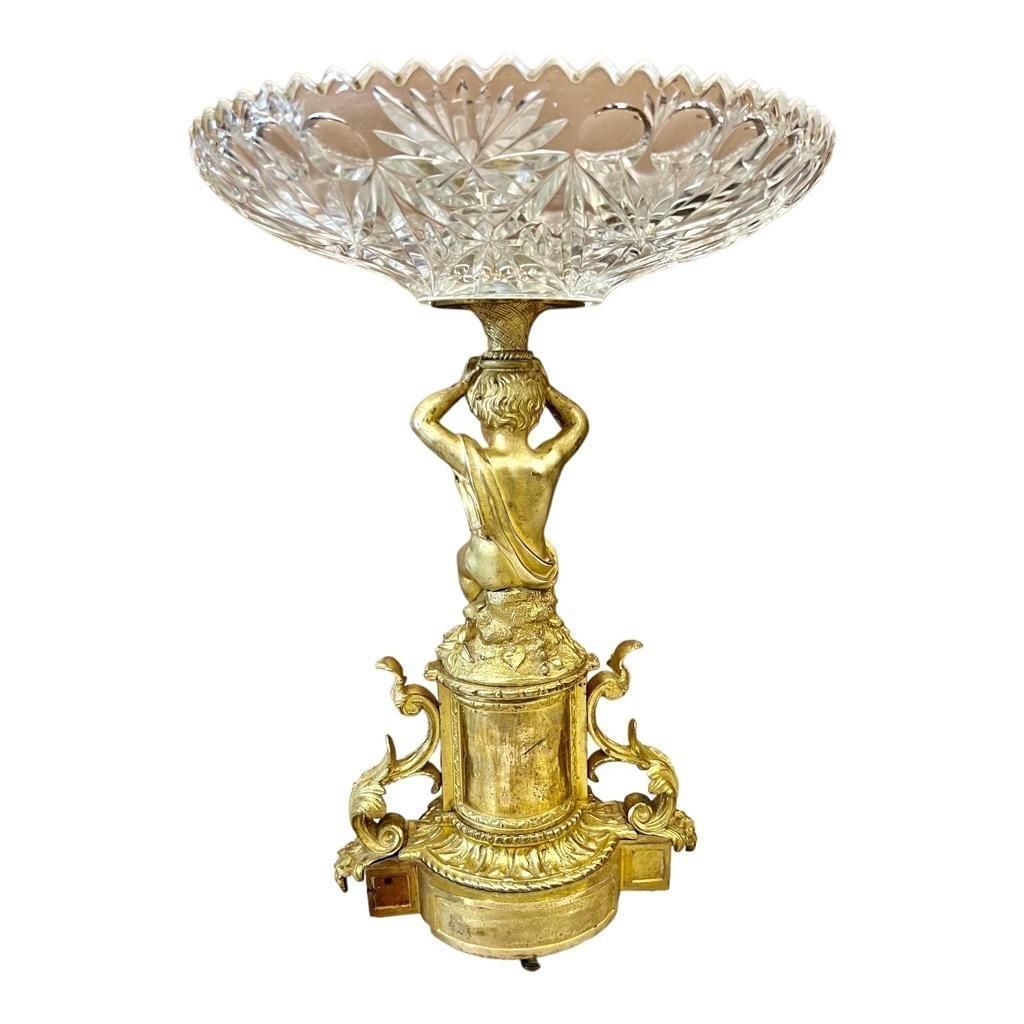 Home Decor 19th Century Cut Crystal Bowl On A Gilt Bronze Pedestal With Putti Motifs photo