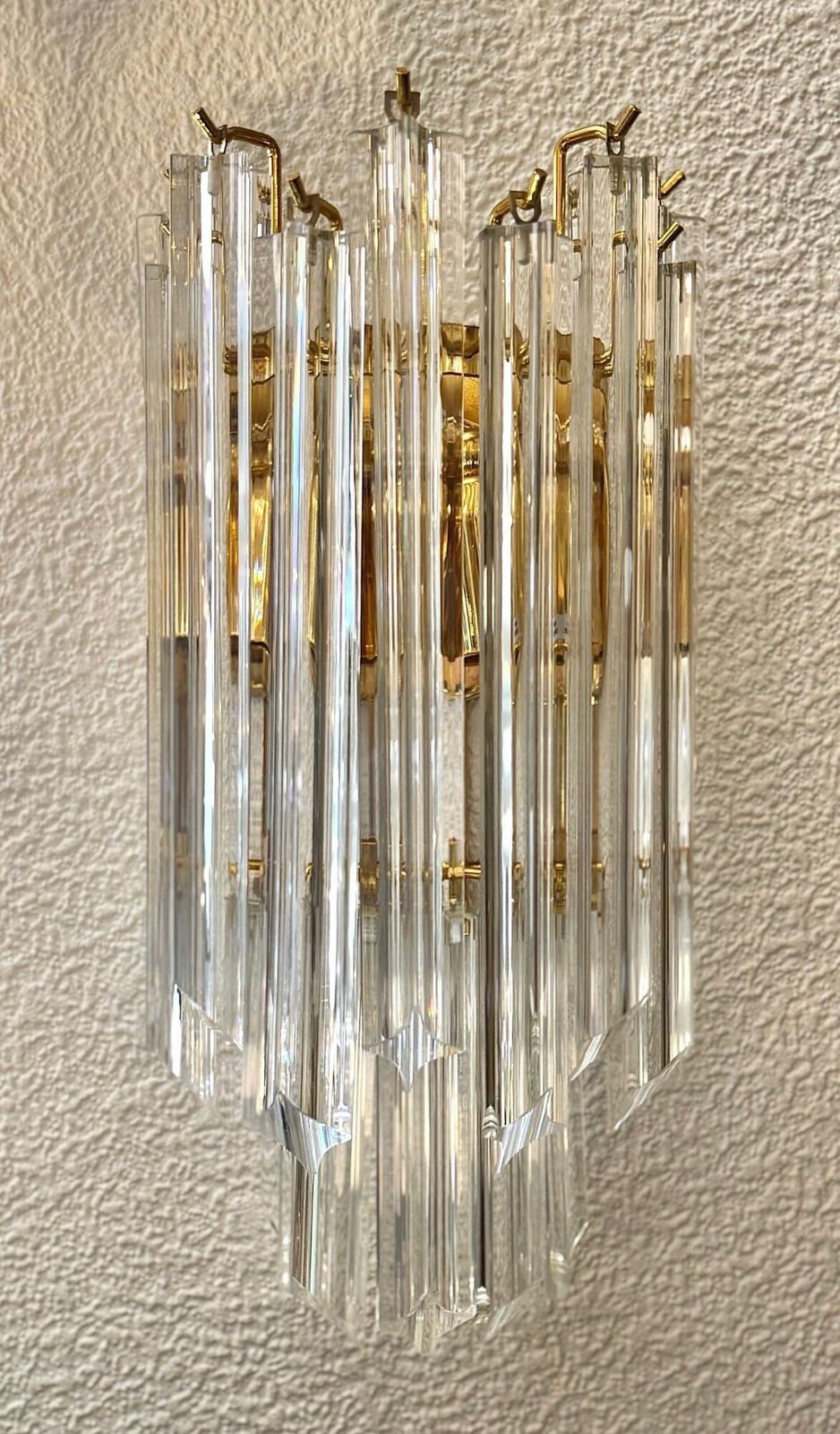 photo for sale A Pair Of Large 1980s Novorasi Quadriedri Murano Glass And Brass Wall Sconces