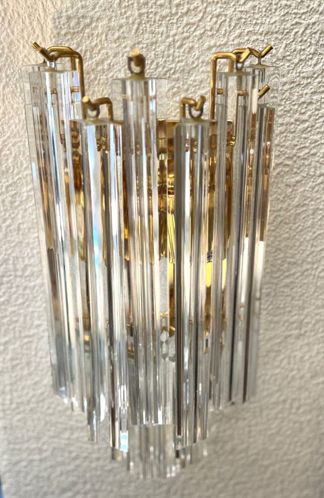 photo buy A Pair Of Large 1980s Novorasi Quadriedri Murano Glass And Brass Wall Sconces