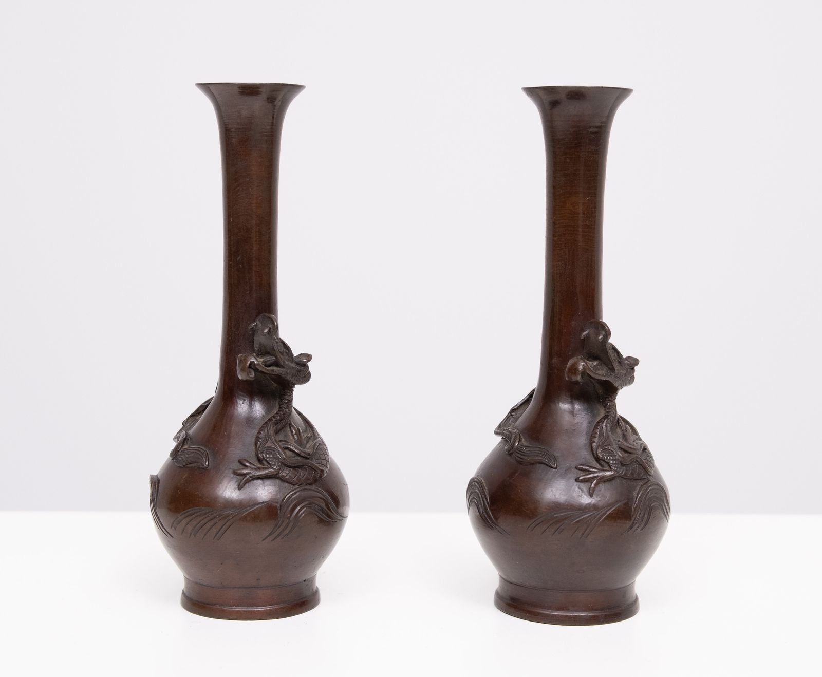 Pair Dragon Bronze Vases Meiji Period Japan