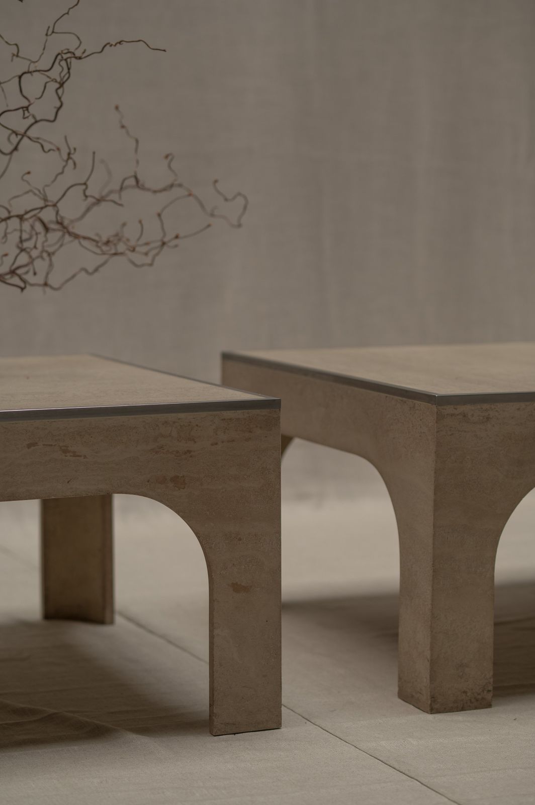 2450.0 Architectural Set Of Travertine Coffee Tables, After Willy Ballez photo