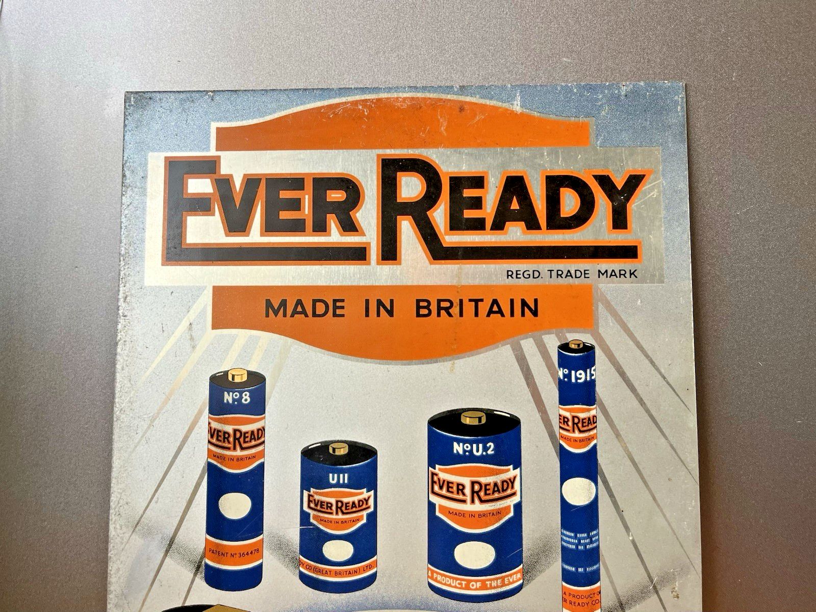 Rare 1930's Ever Ready Batteries Tin Sign Advertising Shop Window Showcard Stand photo vintage
