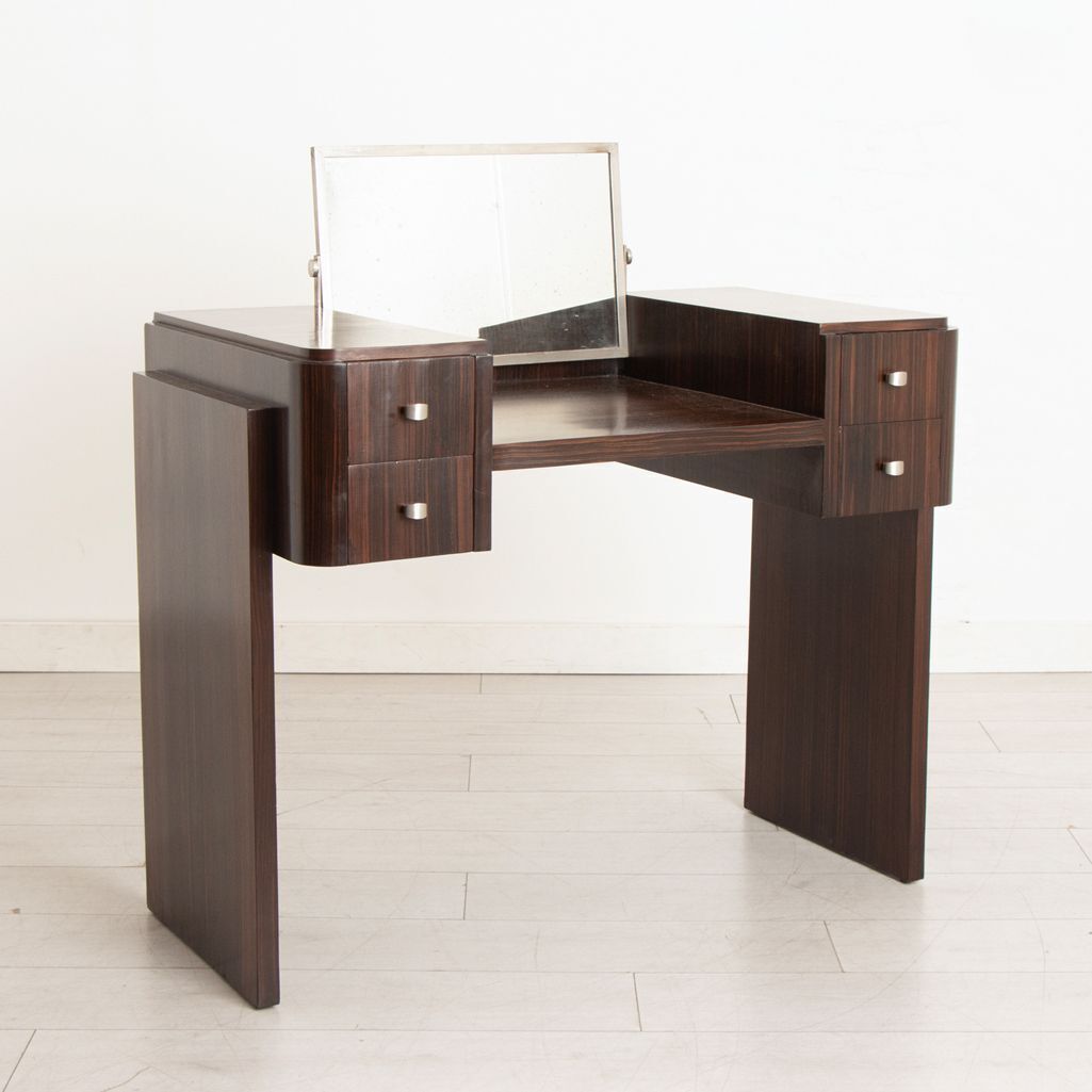 Compact French Art Deco Macassar Dressing Table With Chrome Mirror & 4 Drawers