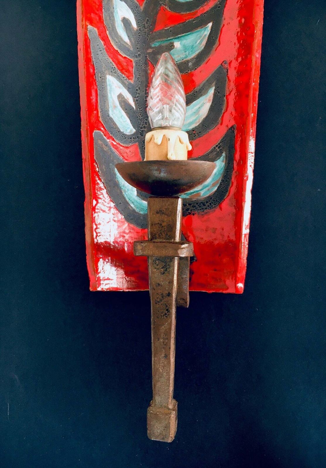 photo for sale Stoneware Artist Made Rooftile Wall Lamp, France 1960's